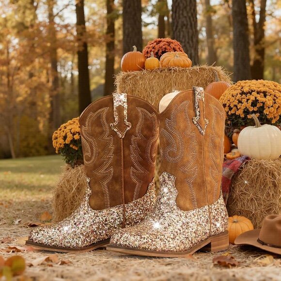 Unisex Child Sequins Brown Mid Calf Glitter Toddler Cowboy Boot Little Big Kids - Picture 4 of 8